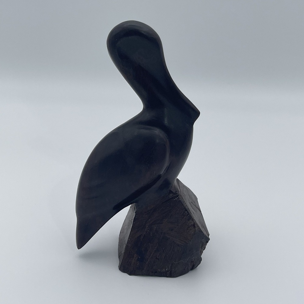 Hand-Carved Wooden Pelican Figurine Abstract‎ Bird Sculpture on Base